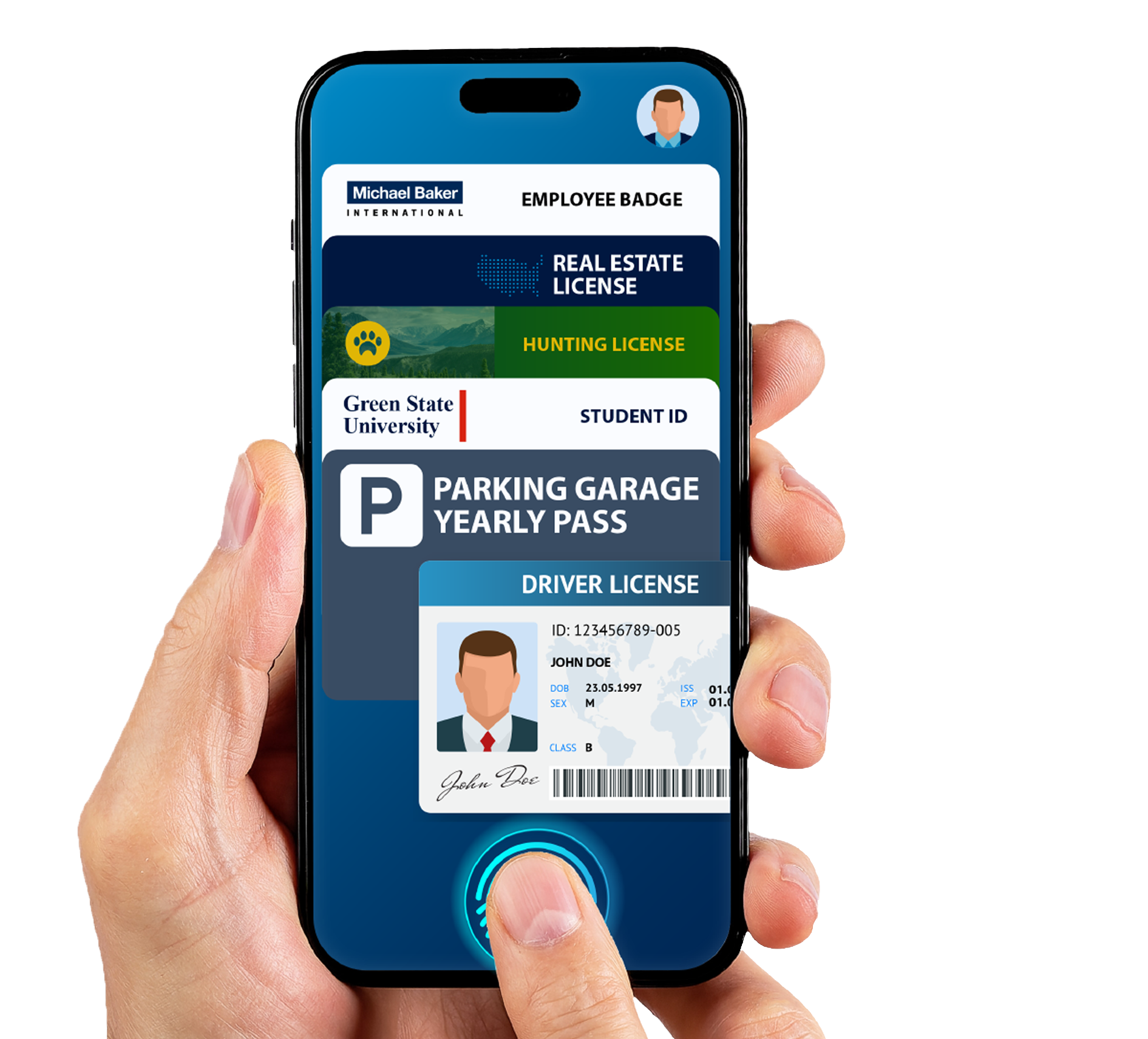 Michael Baker Digital Wallet showing multiple credentials on a smartphone